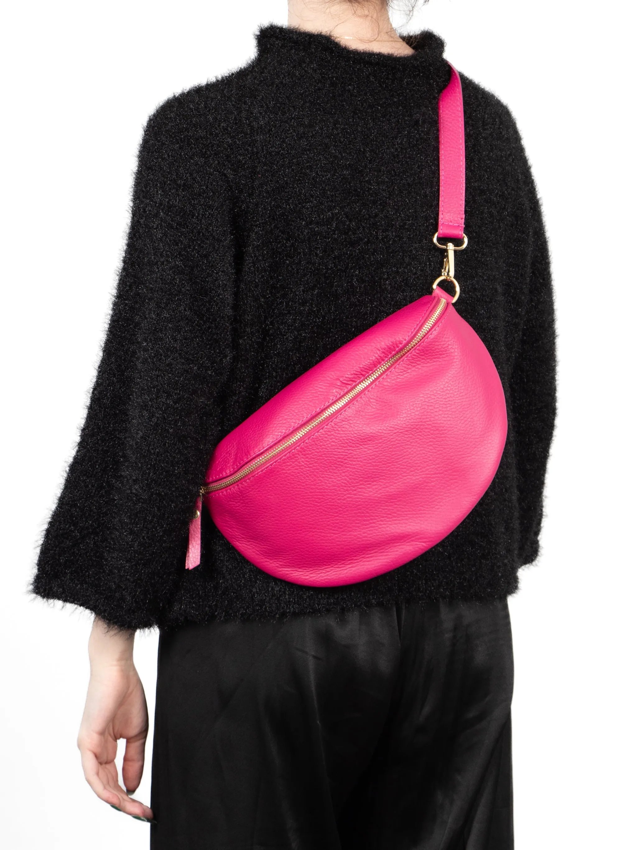 Meadow Half-Moon Crossbody Bag - Fuchsia, Pebbled
