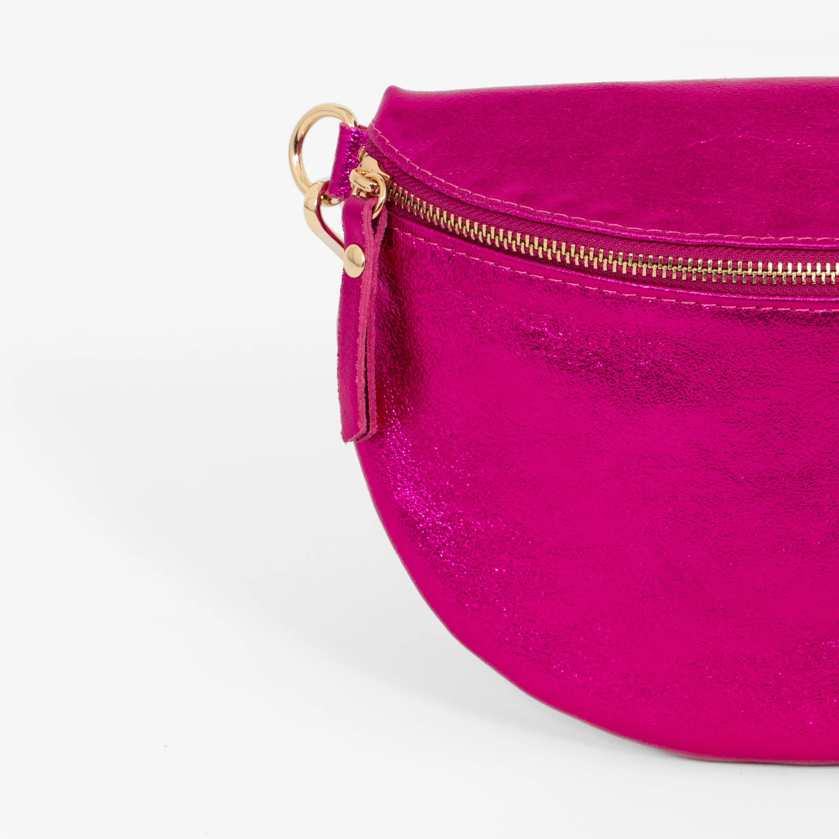 Meadow - Italian Leather Half-Moon Crossbody Bag - Raspberry, Metallic
