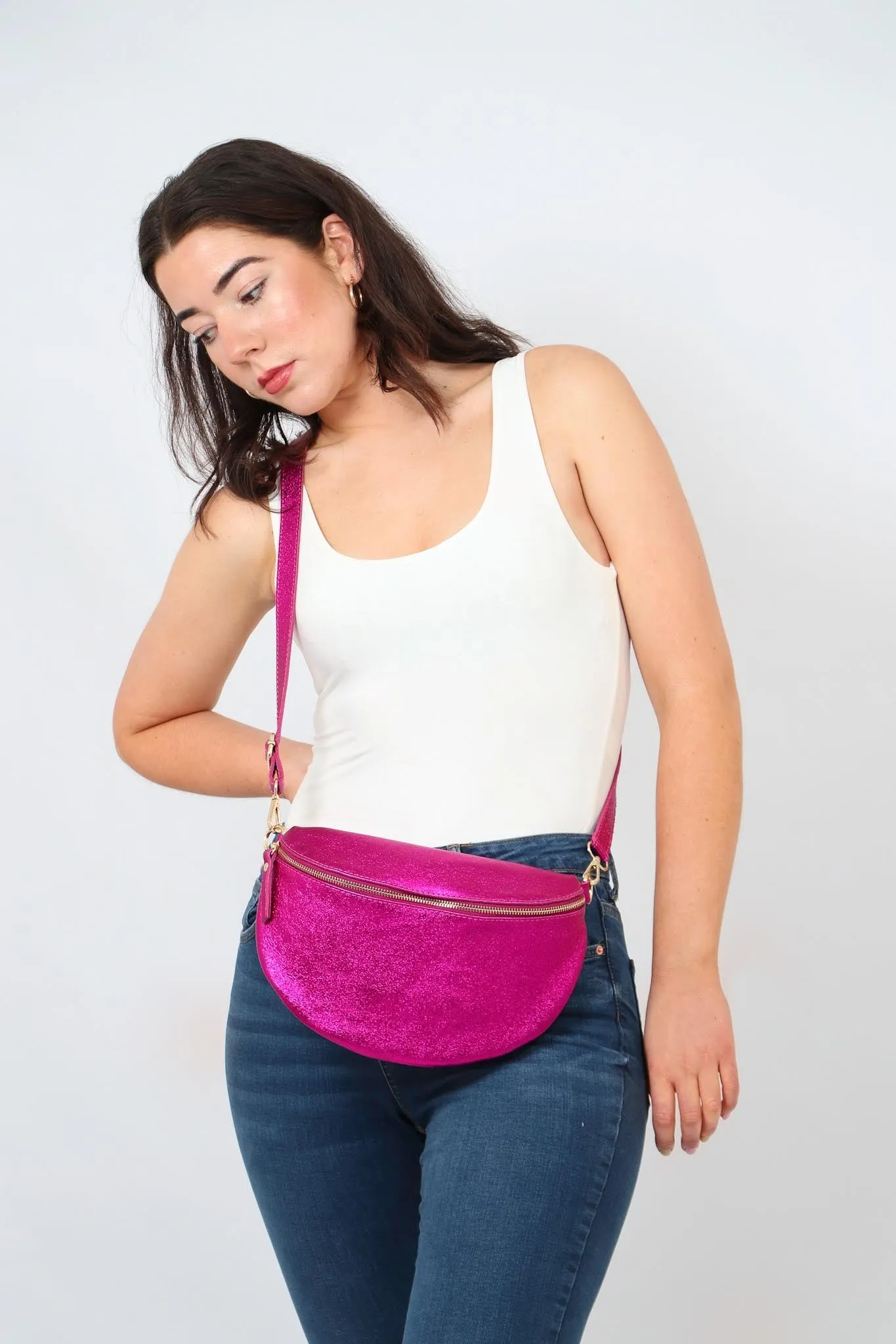 Meadow - Italian Leather Half-Moon Crossbody Bag - Raspberry, Metallic