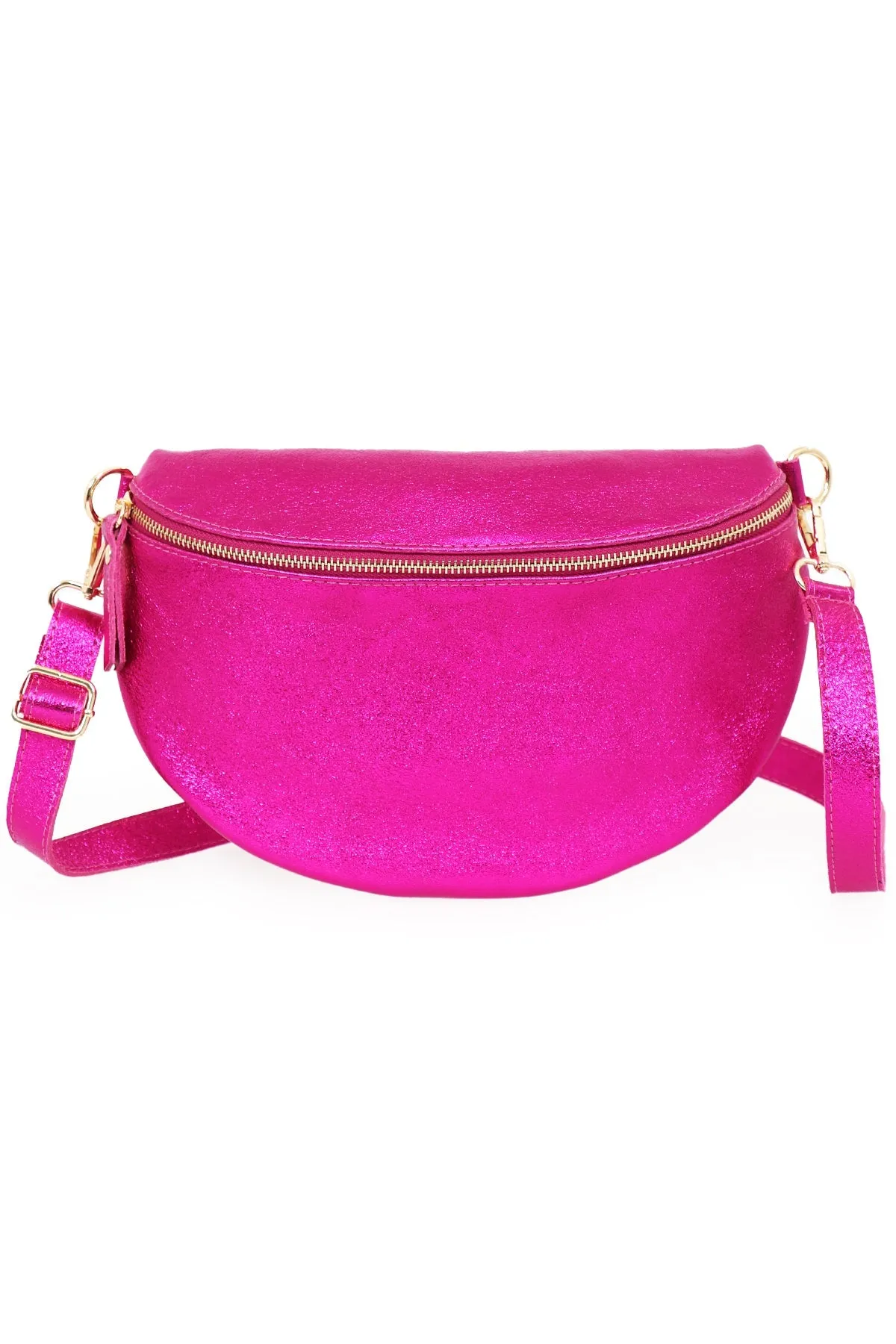 Meadow - Italian Leather Half-Moon Crossbody Bag - Raspberry, Metallic