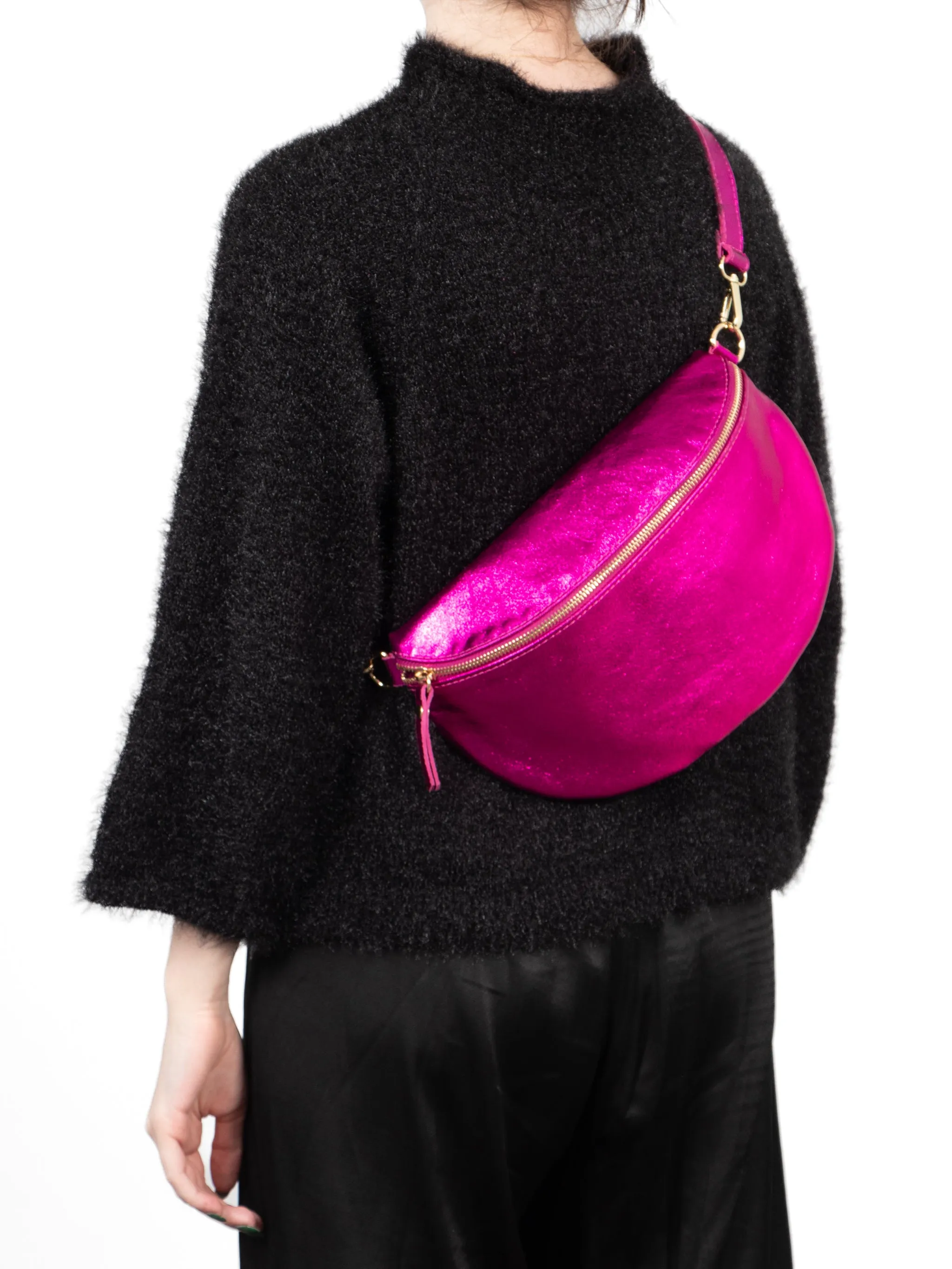 Meadow - Italian Leather Half-Moon Crossbody Bag - Raspberry, Metallic