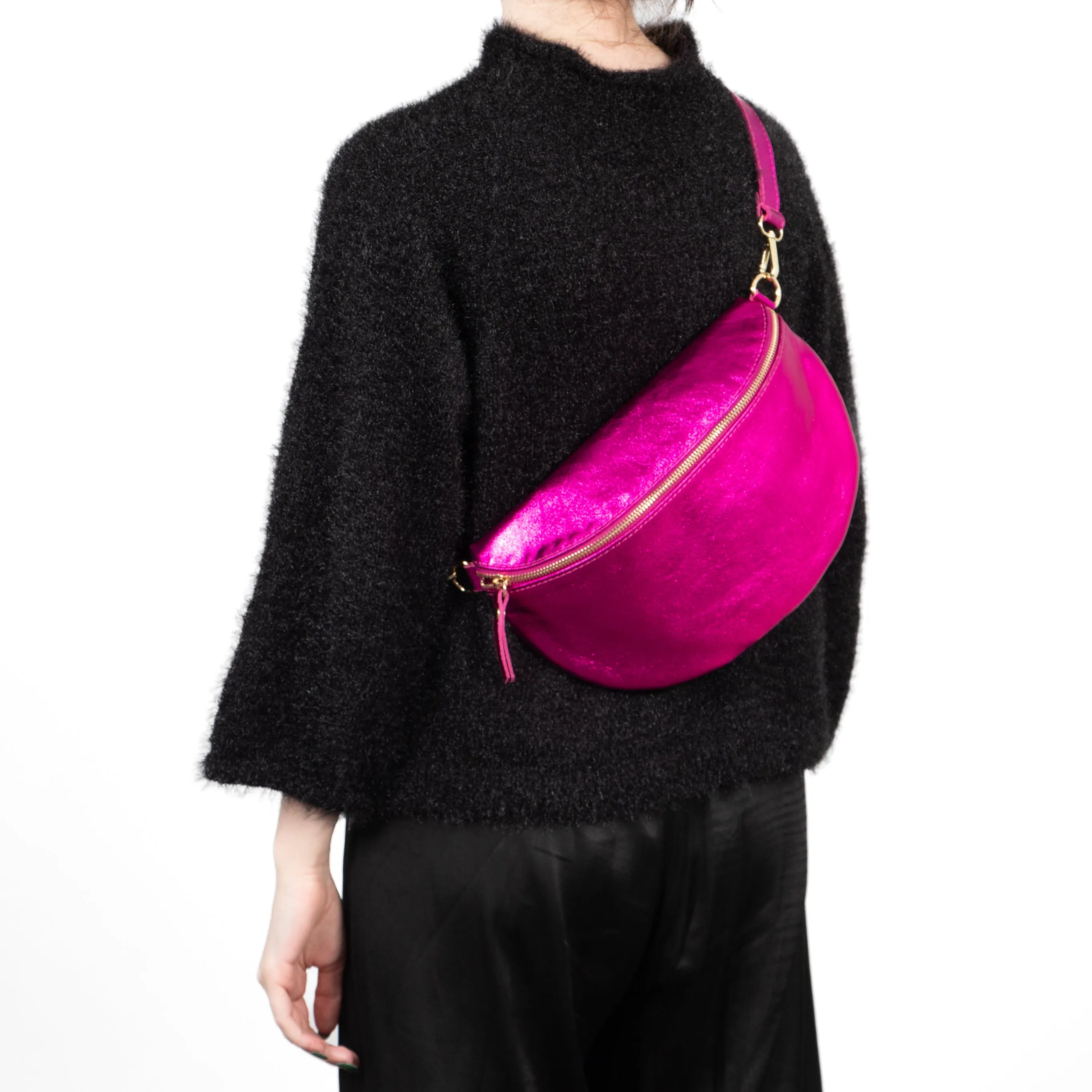 Meadow - Italian Leather Half-Moon Crossbody Bag - Raspberry, Metallic