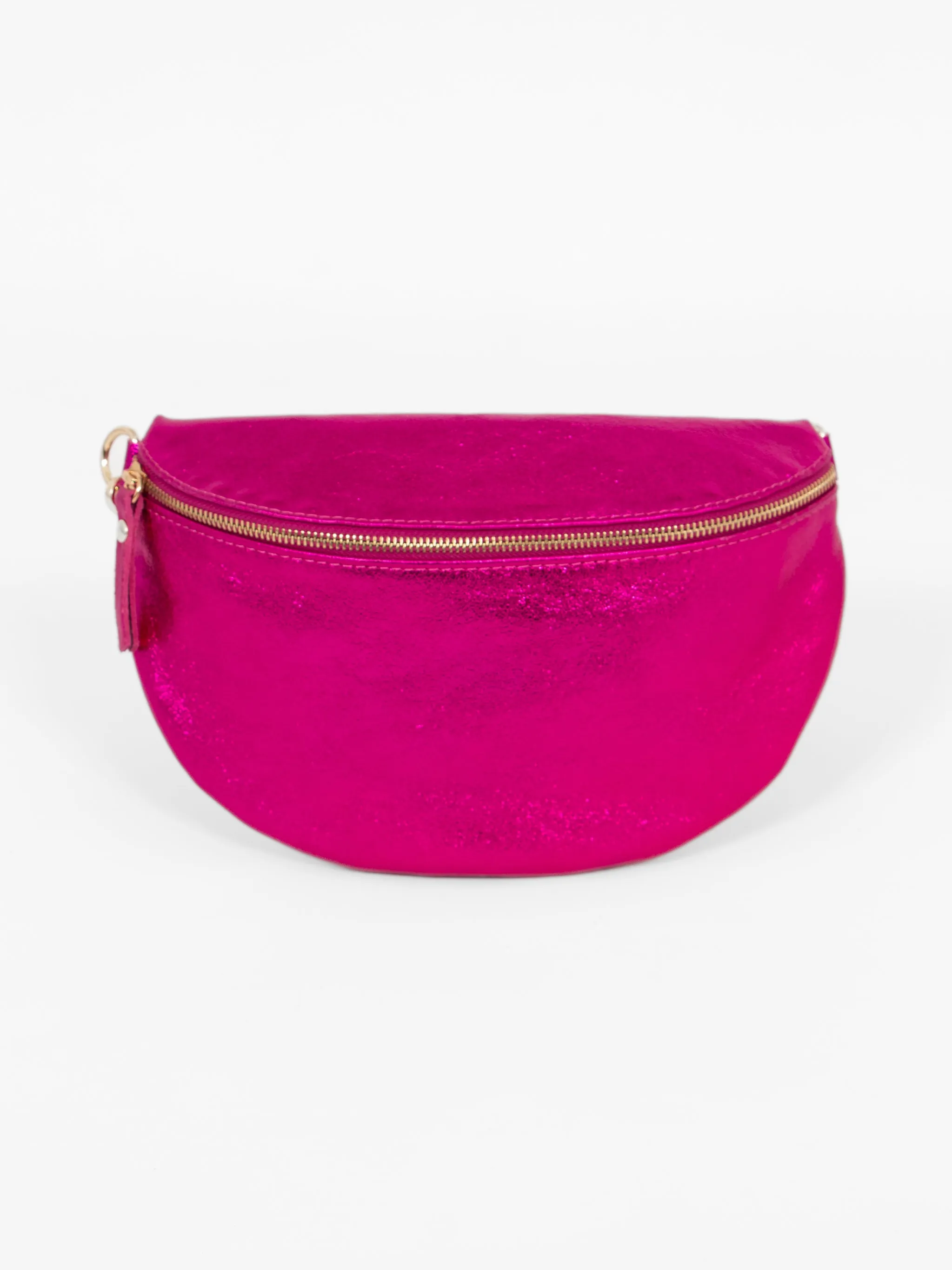 Meadow - Italian Leather Half-Moon Crossbody Bag - Raspberry, Metallic