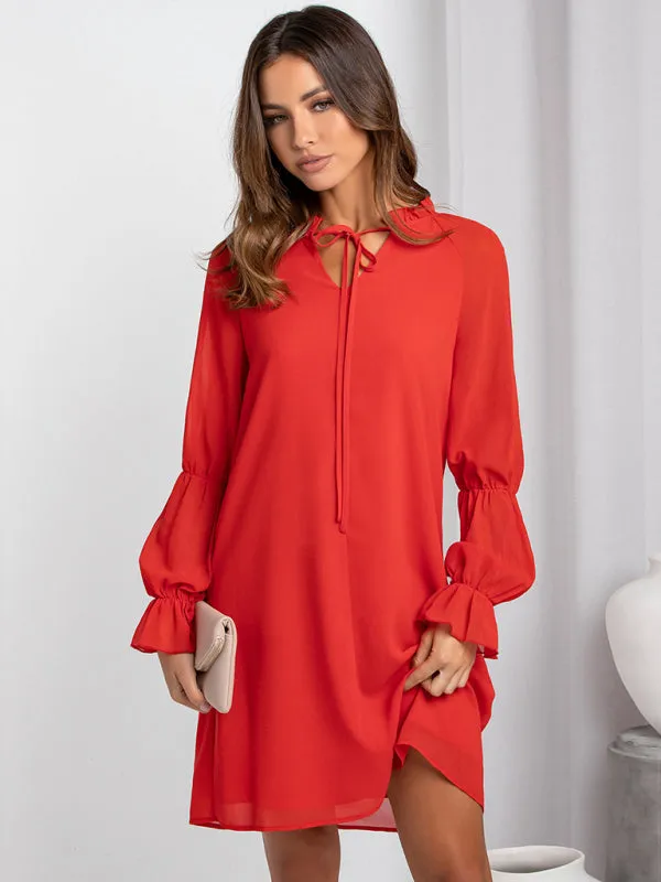 Mia Women's Loose Flare Sleeve Solid Color Hollow Out Casual Dress