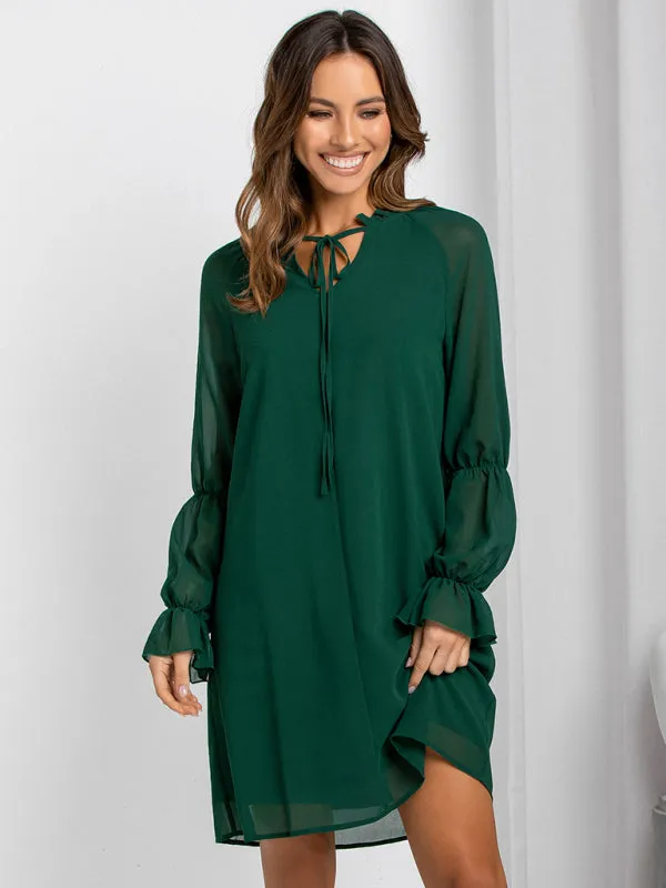 Mia Women's Loose Flare Sleeve Solid Color Hollow Out Casual Dress