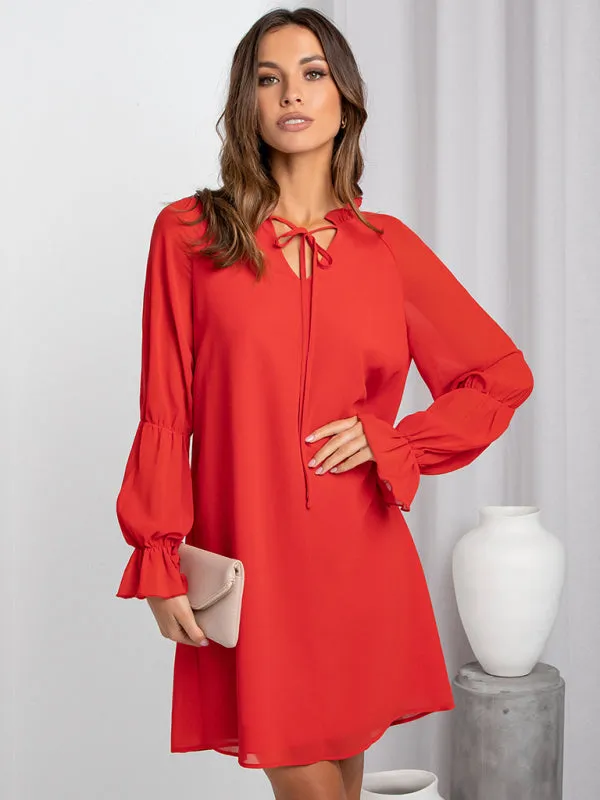 Mia Women's Loose Flare Sleeve Solid Color Hollow Out Casual Dress