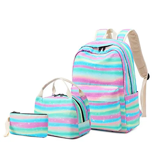 Pawsky School Backpack for Girls, 15" Laptop Backpack Daypack Kids School Bag Bookbag with Lunch Bag Pencil Case, Rainbow