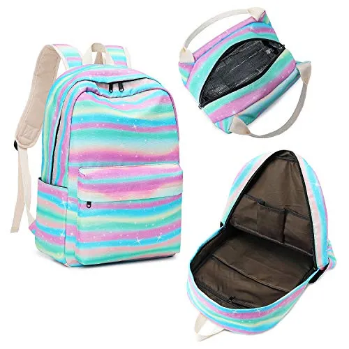 Pawsky School Backpack for Girls, 15" Laptop Backpack Daypack Kids School Bag Bookbag with Lunch Bag Pencil Case, Rainbow